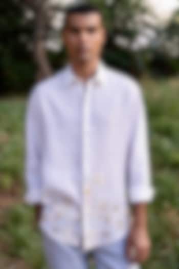 White Pure Linen Hand Embroidered Shirt by ASUKA