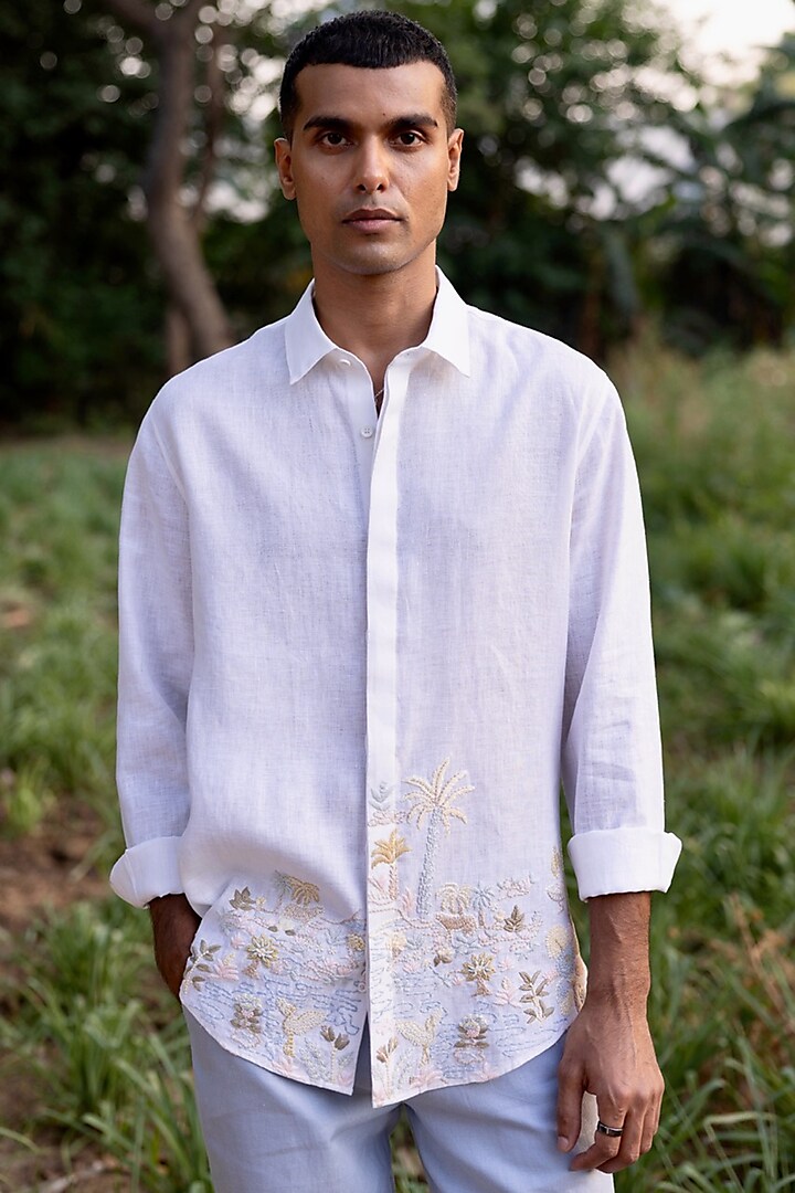 White Pure Linen Hand Embroidered Shirt by ASUKA