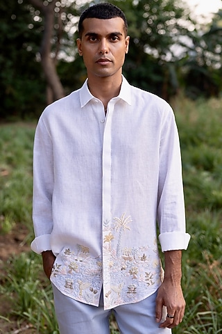 White Pure Linen Hand Embroidered Shirt by ASUKA