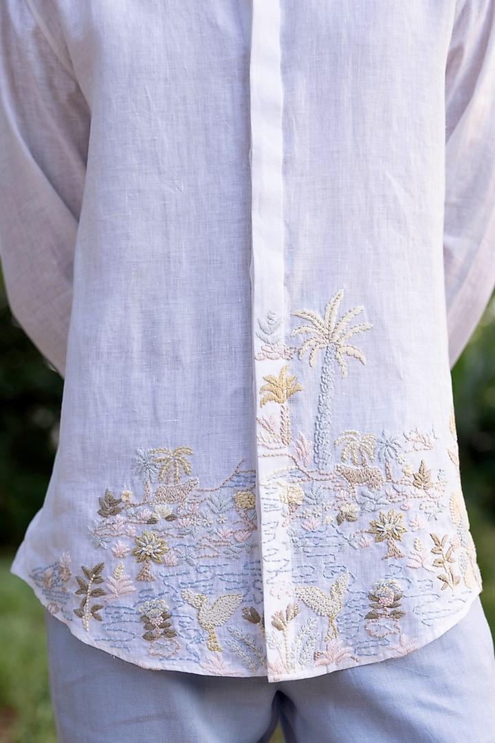 White Pure Linen Hand Embroidered Party Wear Shirt by ASUKA at Pernia's Pop Up Shop