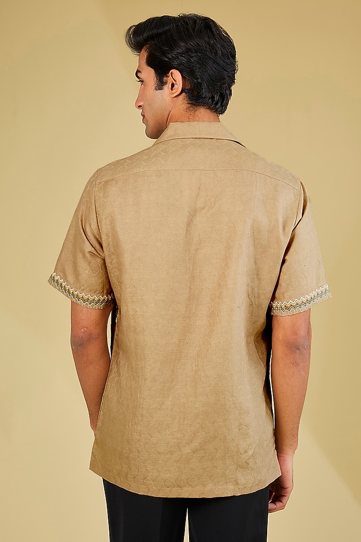 Light Brown Jacquard Pure Linen Machine Embroidered Party Wear Shirt by ASUKA at Pernia's Pop Up Shop