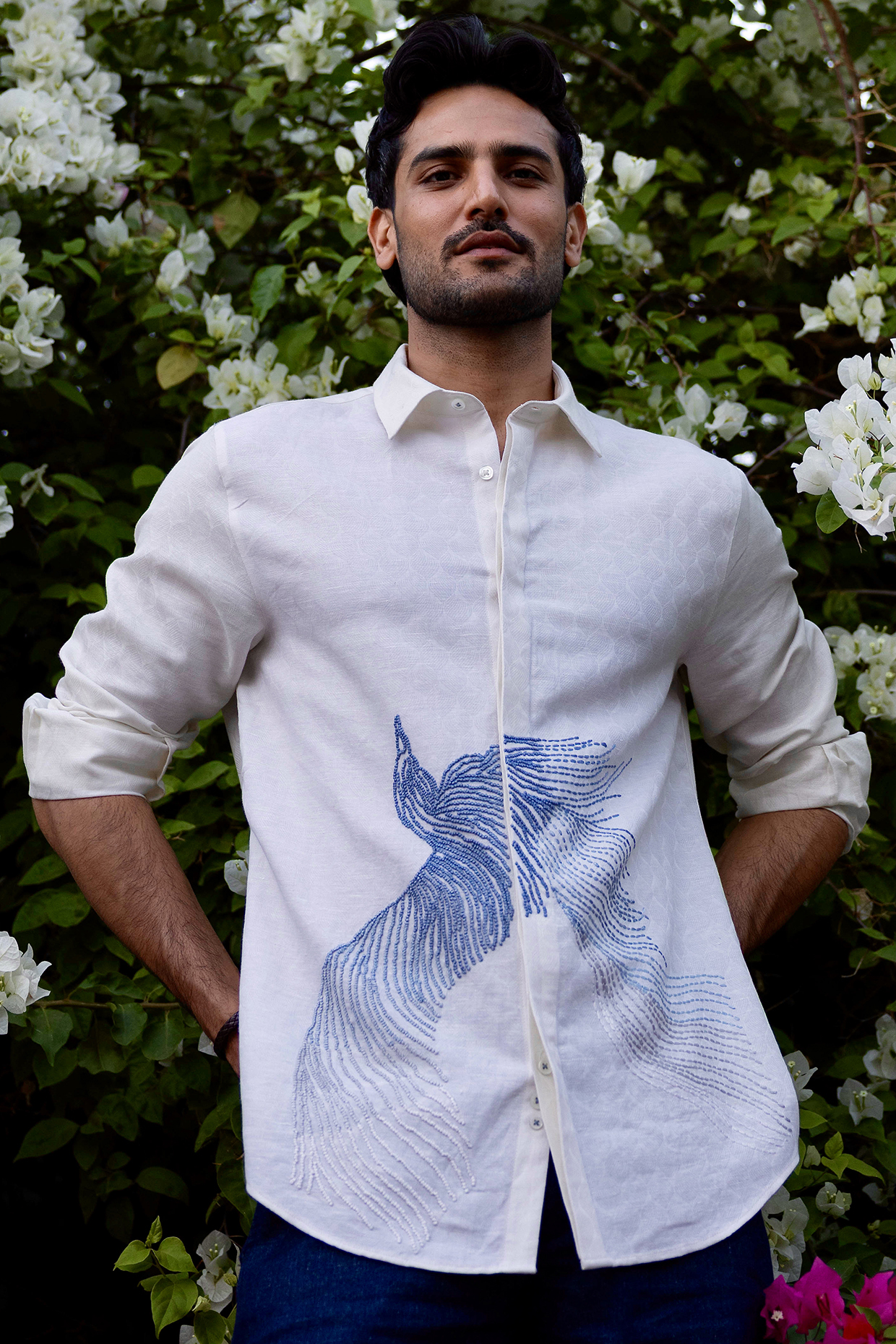 White Jacquard Pure Linen Hand Embroidered Shirt by ASUKA
