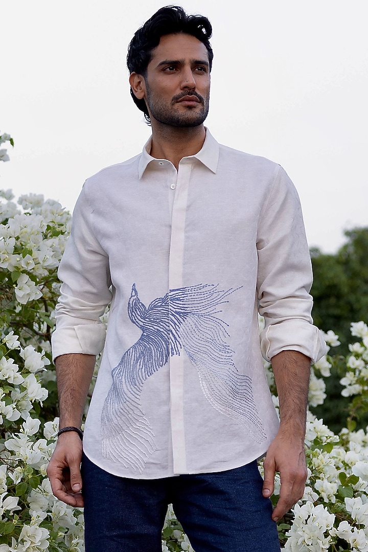 White Jacquard Pure Linen Hand Embroidered Party Wear Shirt by ASUKA at Pernia's Pop Up Shop