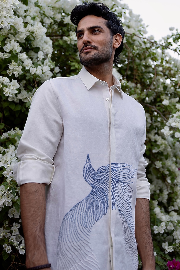 White Jacquard Pure Linen Hand Embroidered Party Wear Shirt by ASUKA at Pernia's Pop Up Shop