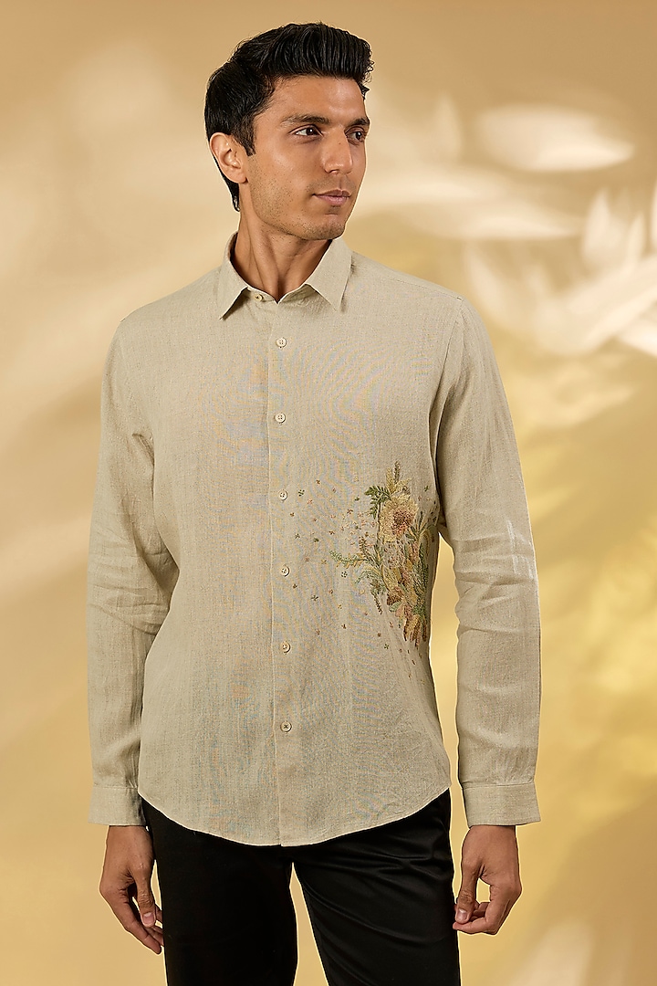 Cream Pure Linen Embroidered Shirt by ASUKA