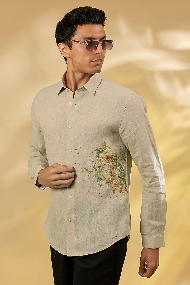 Cream Pure Linen Embroidered Shirt by ASUKA at Pernia's Pop Up Shop