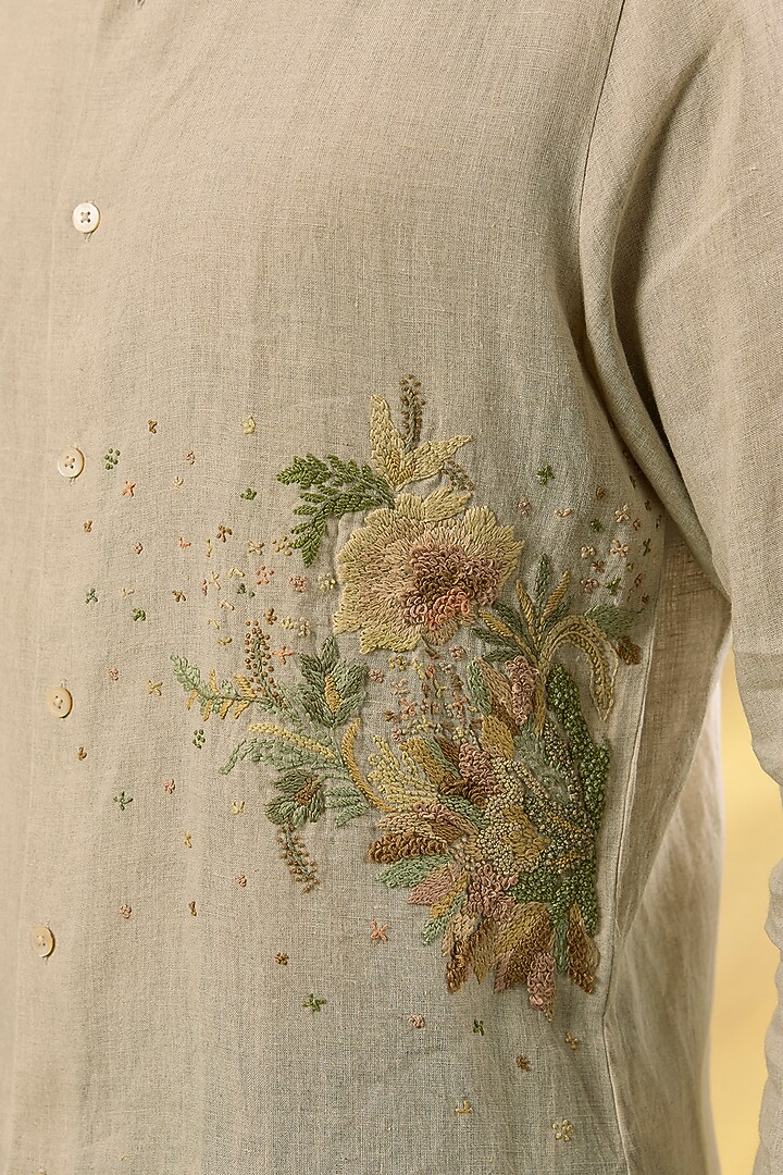 Cream Pure Linen Embroidered Shirt by ASUKA at Pernia's Pop Up Shop