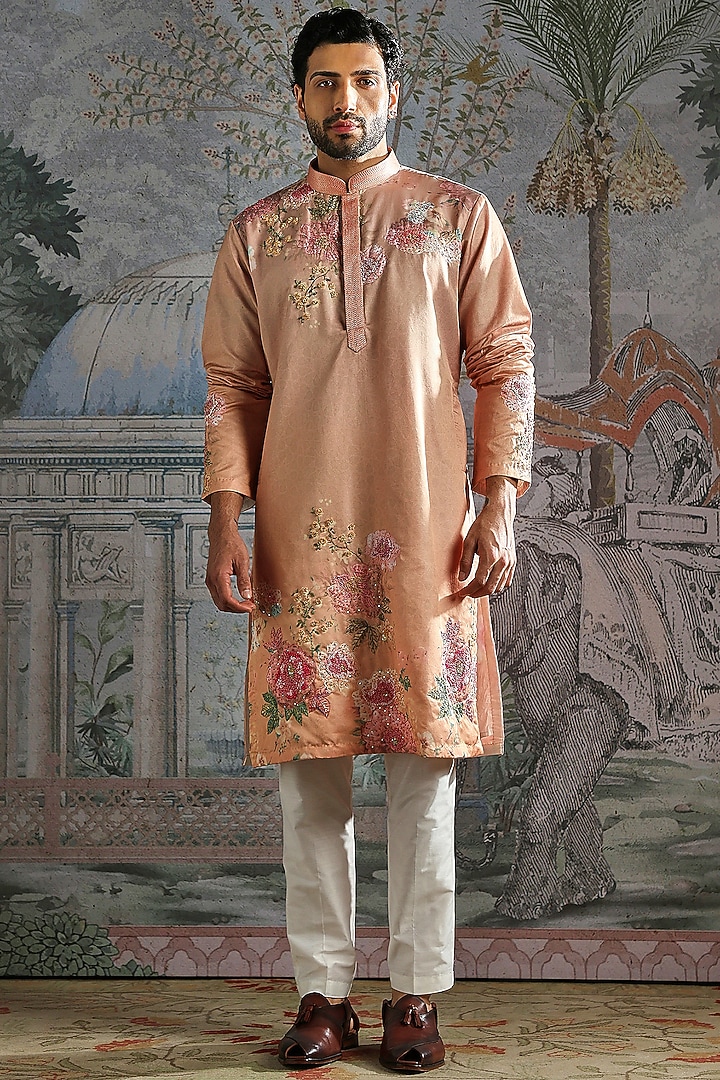 Soft Peach Silk Thread Embroidered Kurta Set by ASUKA at Pernia's Pop Up Shop