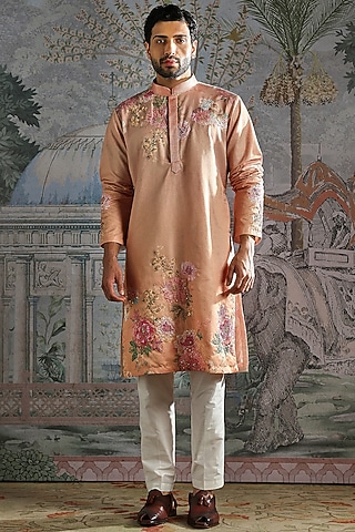 Soft Peach Silk Thread Embroidered Kurta Set by ASUKA