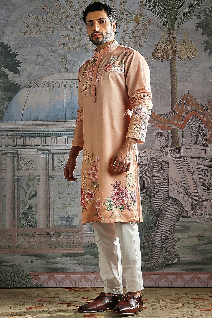 Soft Peach Silk Thread Embroidered Kurta Set by ASUKA at Pernia's Pop Up Shop