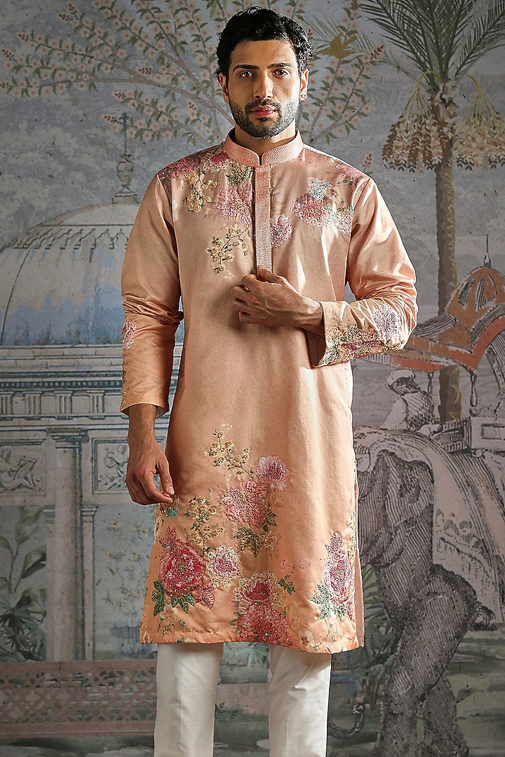 Soft Peach Silk Thread Embroidered Kurta Set by ASUKA at Pernia's Pop Up Shop