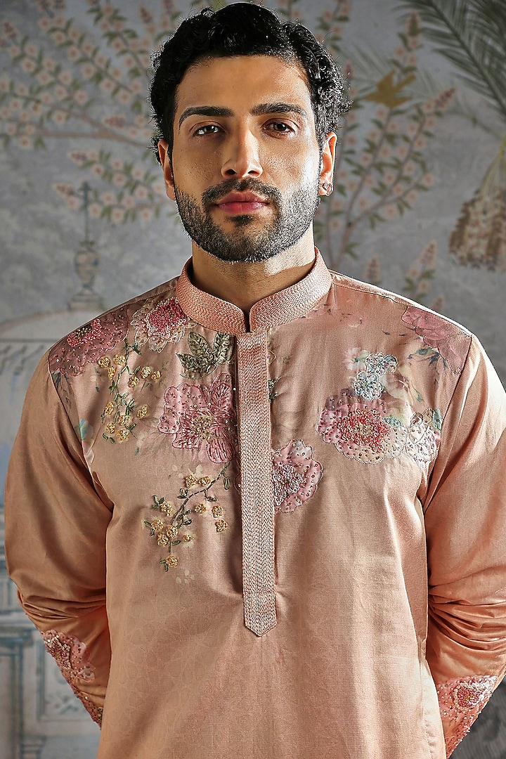 Soft Peach Silk Thread Embroidered Kurta Set by ASUKA at Pernia's Pop Up Shop