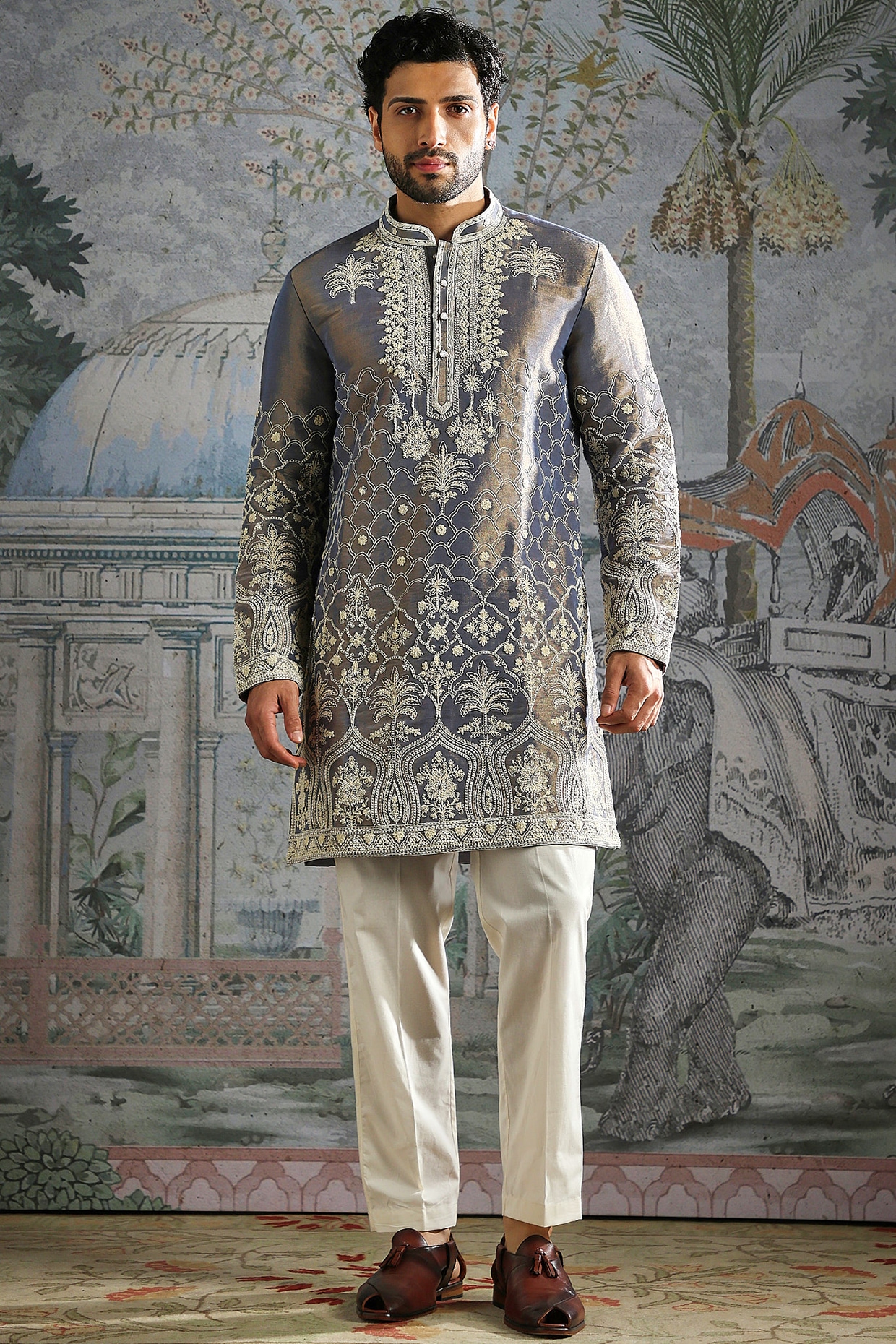 ASUKA Steel Grey Tissue Thread Embroidered Kurta Set