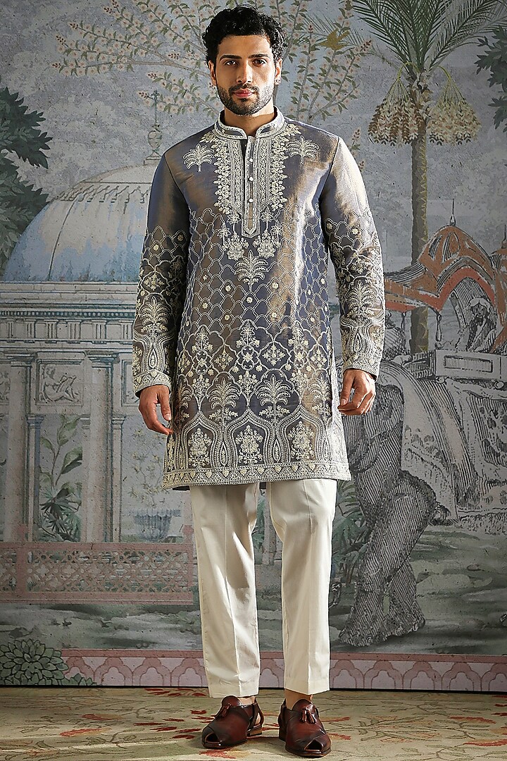 Steel Grey Tissue Thread Embroidered Kurta Set by ASUKA at Pernia's Pop Up Shop