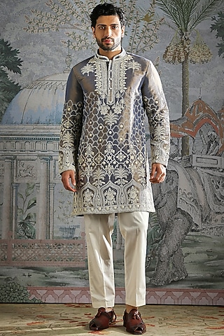 Steel Grey Tissue Thread Embroidered Kurta Set by ASUKA