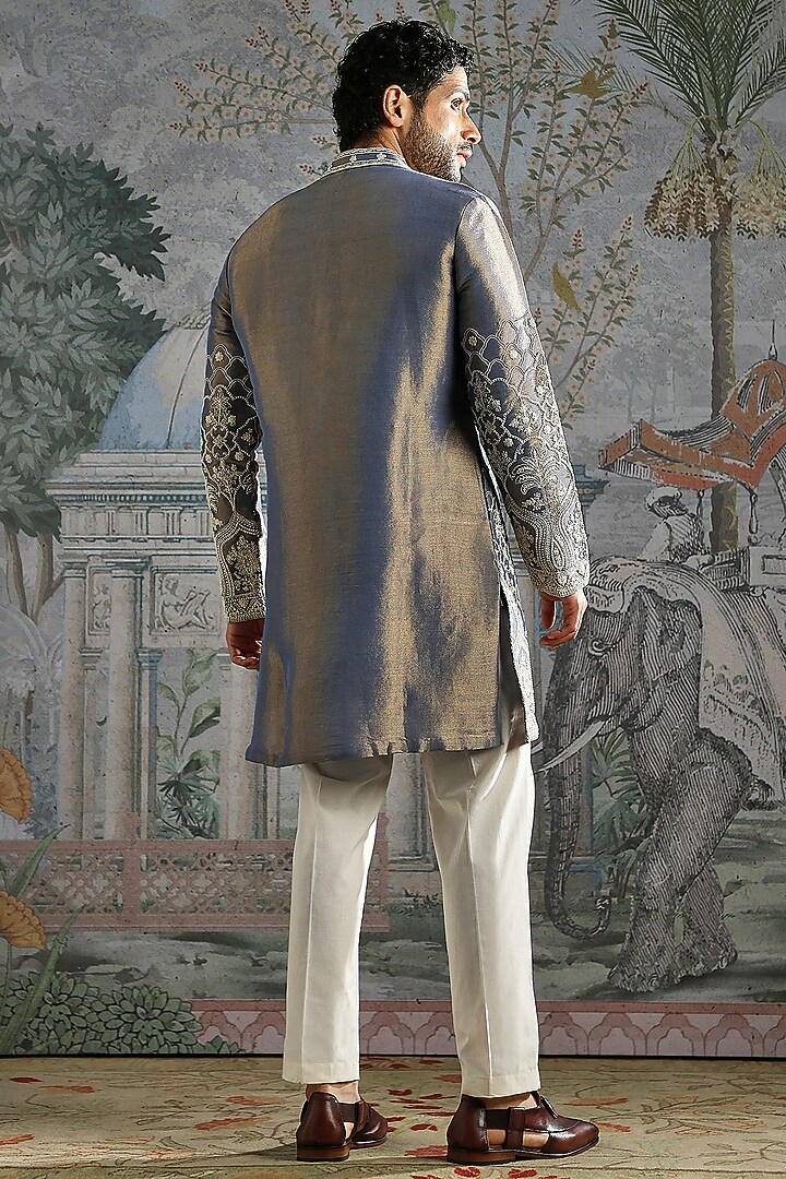 Steel Grey Tissue Thread Embroidered Kurta Set by ASUKA at Pernia's Pop Up Shop