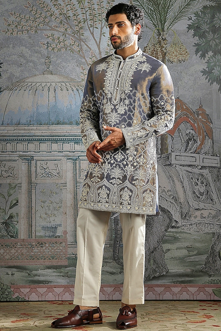 Steel Grey Tissue Thread Embroidered Kurta Set by ASUKA at Pernia's Pop Up Shop