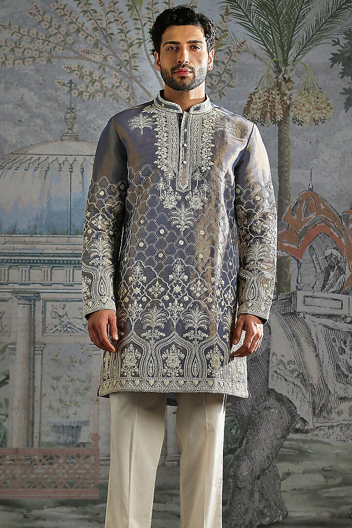 Steel Grey Tissue Thread Embroidered Kurta Set by ASUKA at Pernia's Pop Up Shop