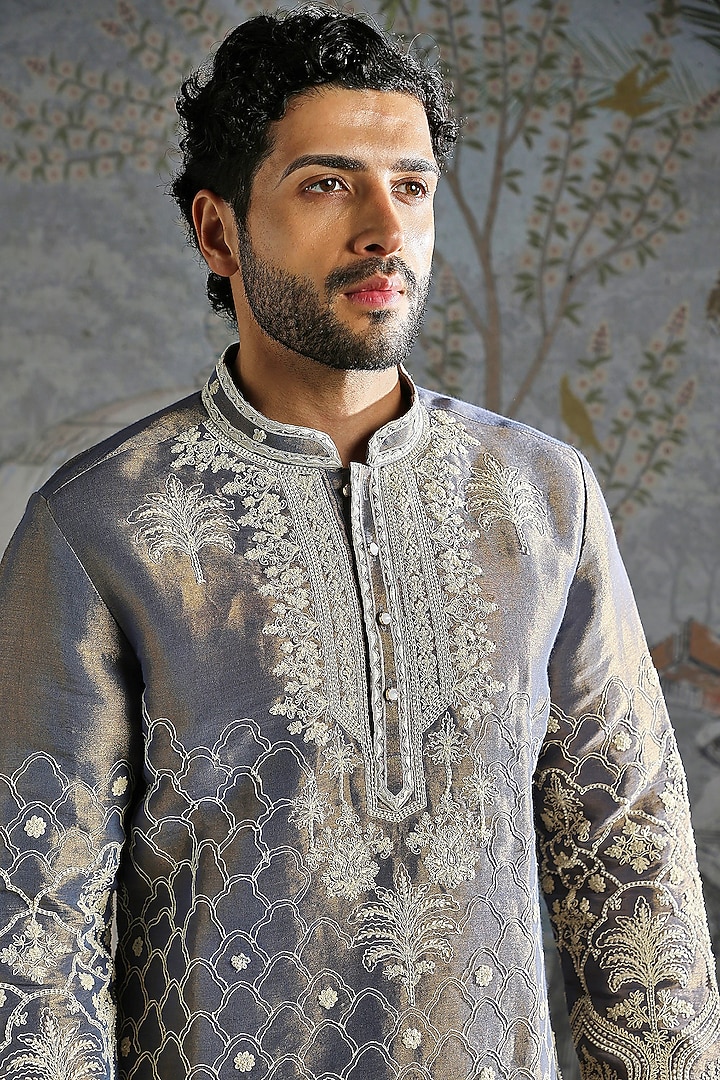 Steel Grey Tissue Thread Embroidered Kurta Set by ASUKA at Pernia's Pop Up Shop