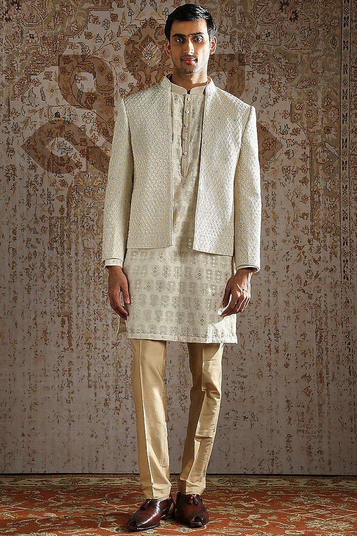 Ivory Silk & Jacquard Embroidered Wedding Bandhgala Set by ASUKA at Pernia's Pop Up Shop