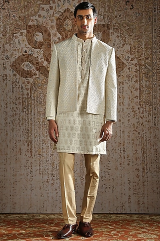 Ivory Silk & Jacquard Embroidered Bandhgala Set by ASUKA