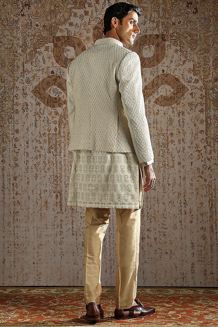 Ivory Silk & Jacquard Embroidered Wedding Bandhgala Set by ASUKA at Pernia's Pop Up Shop