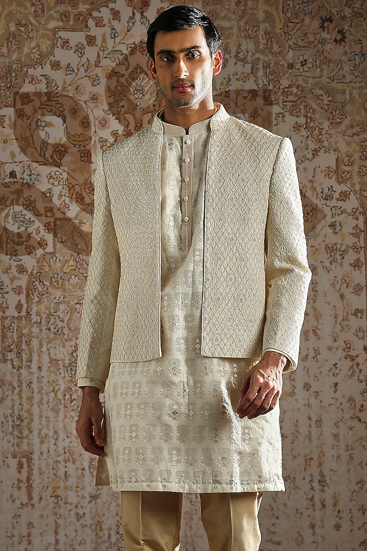 Ivory Silk & Jacquard Embroidered Wedding Bandhgala Set by ASUKA at Pernia's Pop Up Shop