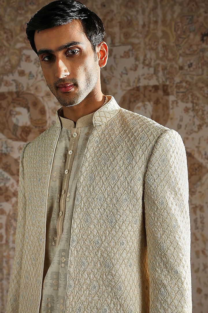 Ivory Silk & Jacquard Embroidered Wedding Bandhgala Set by ASUKA at Pernia's Pop Up Shop