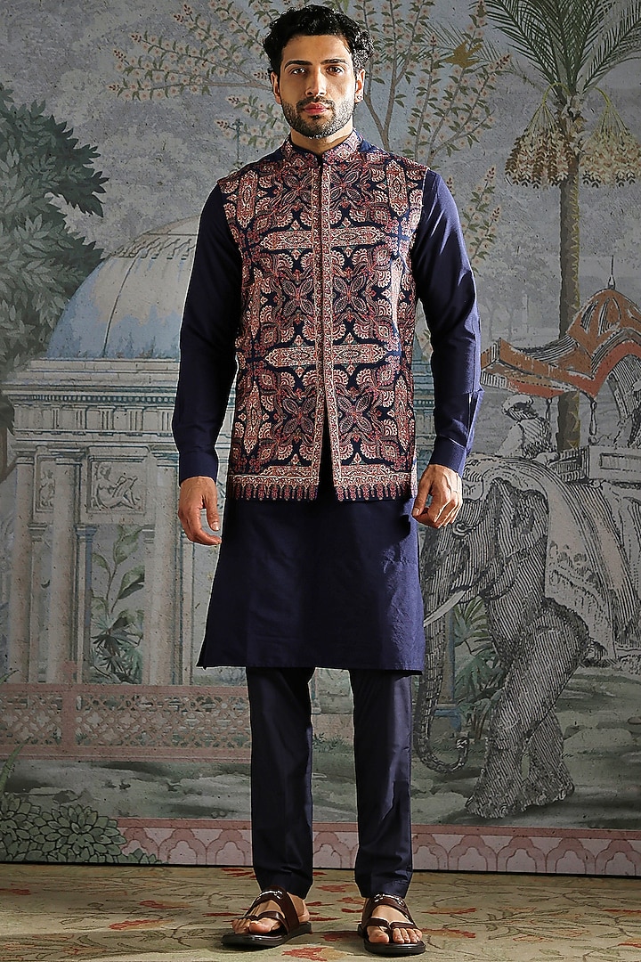 Deep Navy Pashmina Embroidered Bundi Jacket Set by ASUKA at Pernia's Pop Up Shop