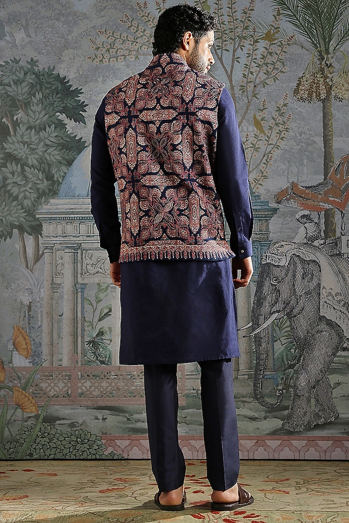 Deep Navy Pashmina Embroidered Bundi Jacket Set by ASUKA at Pernia's Pop Up Shop