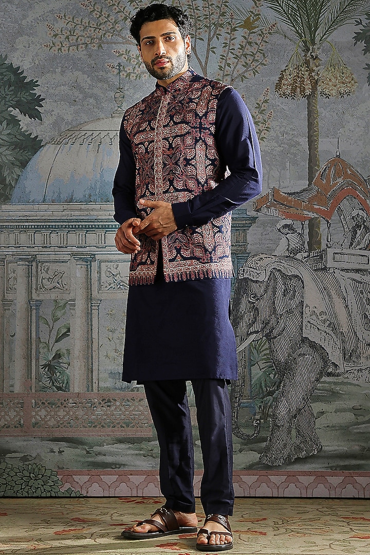 Deep Navy Pashmina Embroidered Bundi Jacket Set by ASUKA at Pernia's Pop Up Shop