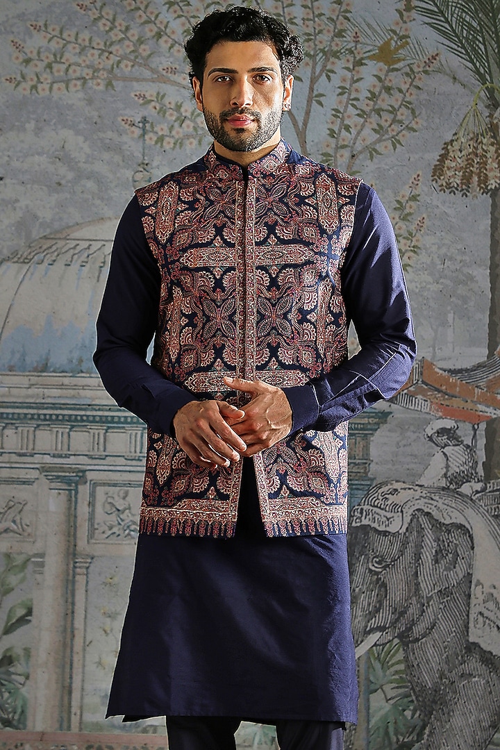 Deep Navy Pashmina Embroidered Bundi Jacket Set by ASUKA at Pernia's Pop Up Shop
