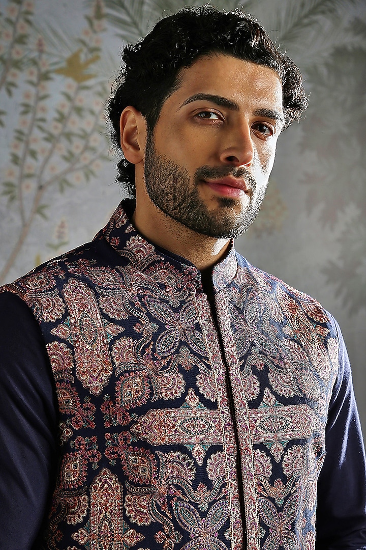 Deep Navy Pashmina Embroidered Bundi Jacket Set by ASUKA at Pernia's Pop Up Shop