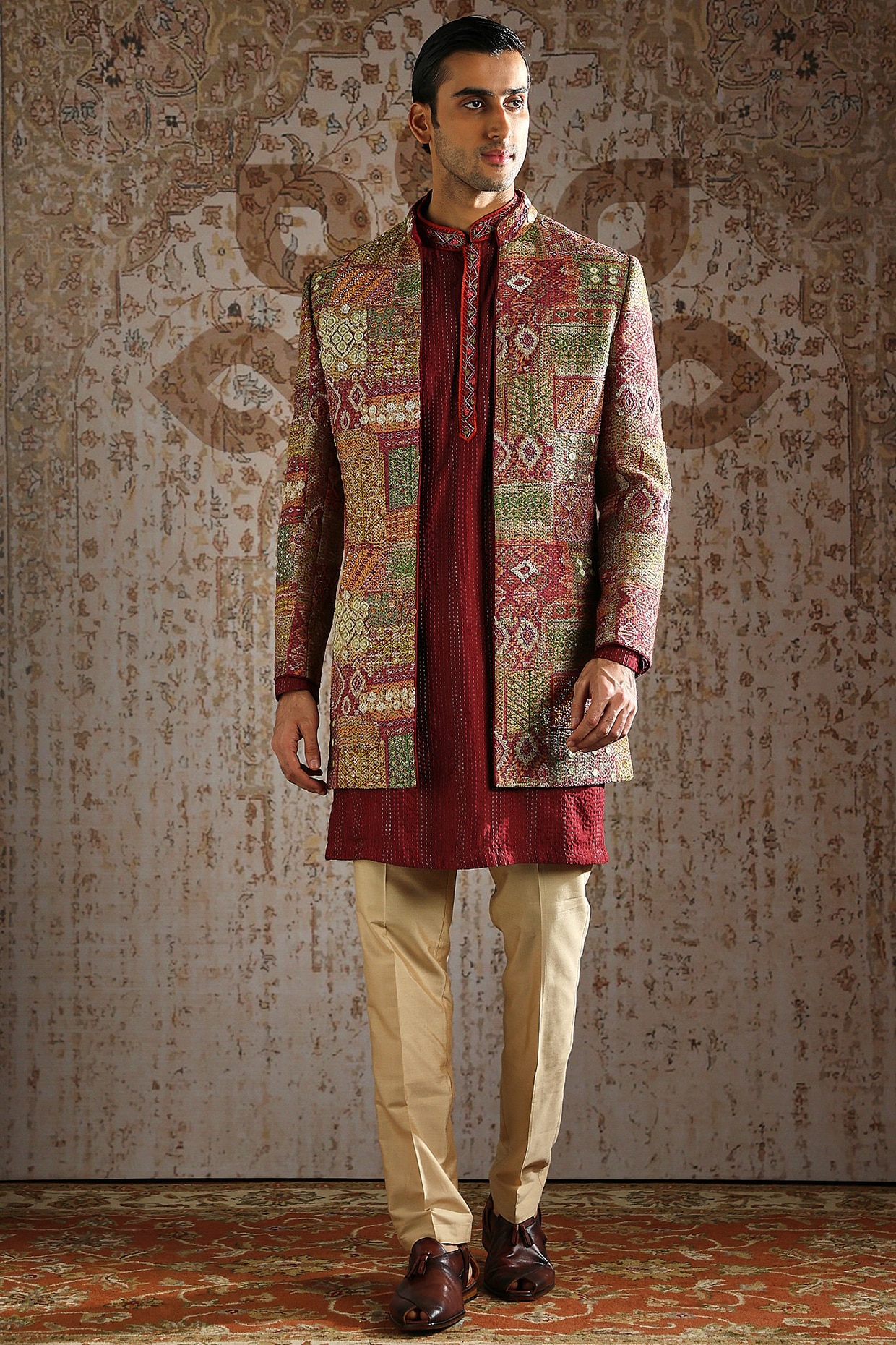 ASUKA Maroon Pashmina Embroidered Indowestern Jacket Set