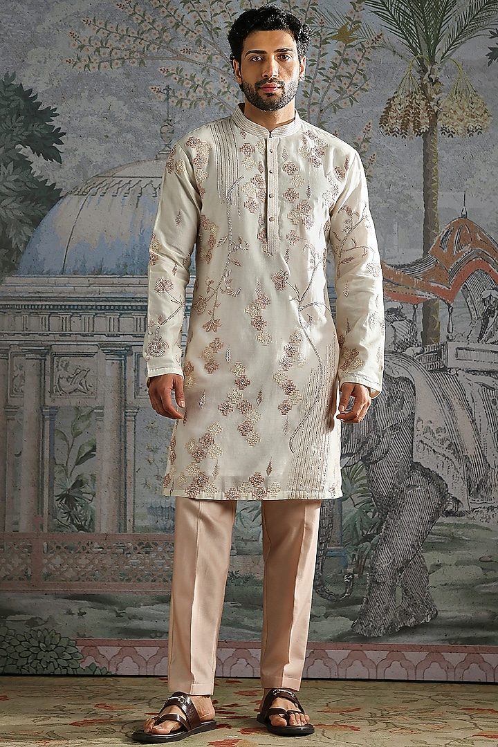 Ivory Chanderi Silk Floral Threadwork Kurta Set by ASUKA at Pernia's Pop Up Shop