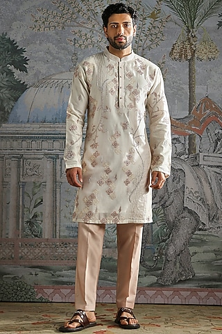 Ivory Chanderi Silk Floral Threadwork Kurta Set by asuka