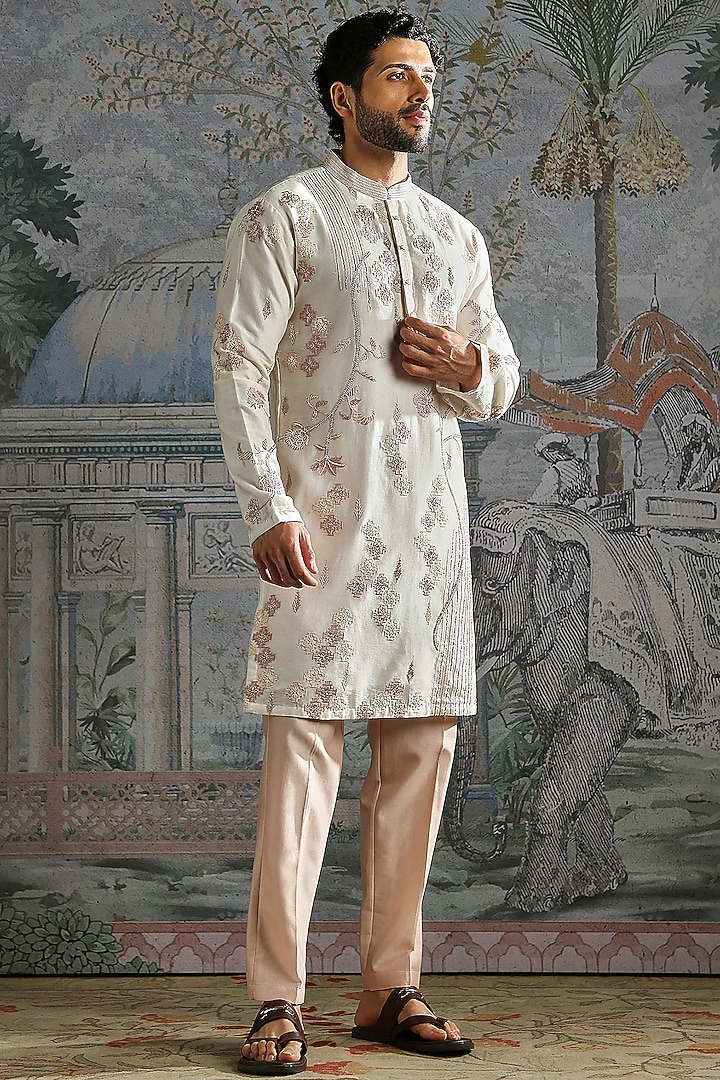 Ivory Chanderi Silk Floral Threadwork Kurta Set by ASUKA at Pernia's Pop Up Shop
