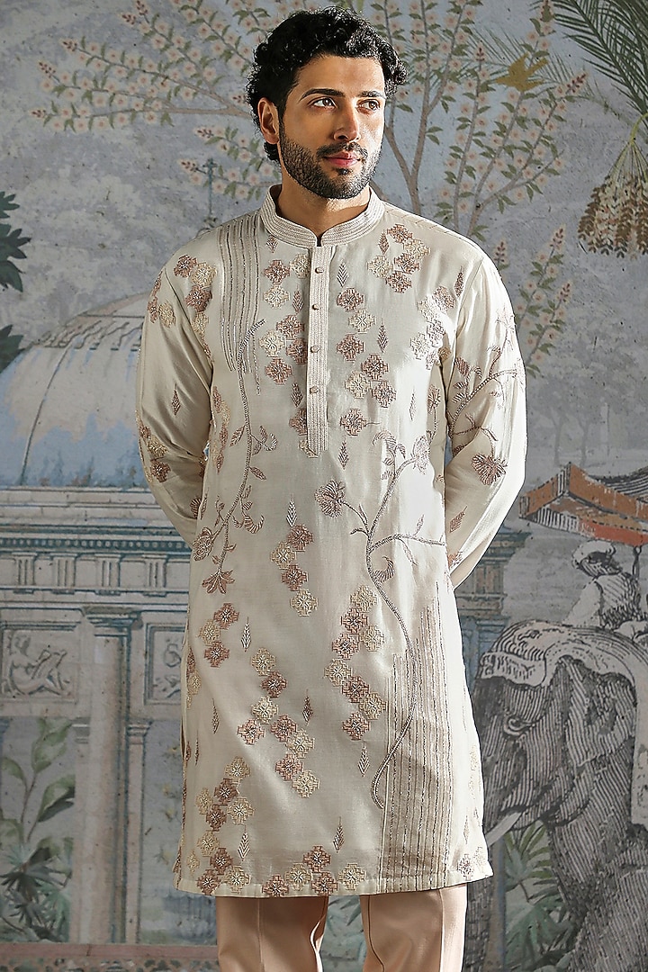 Ivory Chanderi Silk Floral Threadwork Kurta Set by ASUKA at Pernia's Pop Up Shop
