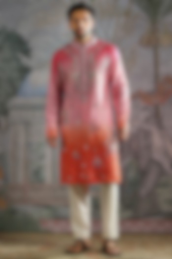 Soft Pink-Coral Ombre Raw Silk Hand Embroidered Kurta Set by ASUKA at Pernia's Pop Up Shop