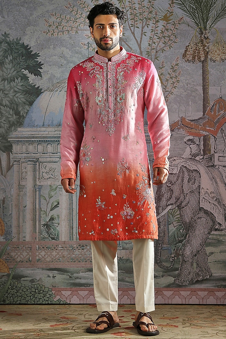 Soft Pink-Coral Ombre Raw Silk Hand Embroidered Kurta Set by ASUKA at Pernia's Pop Up Shop