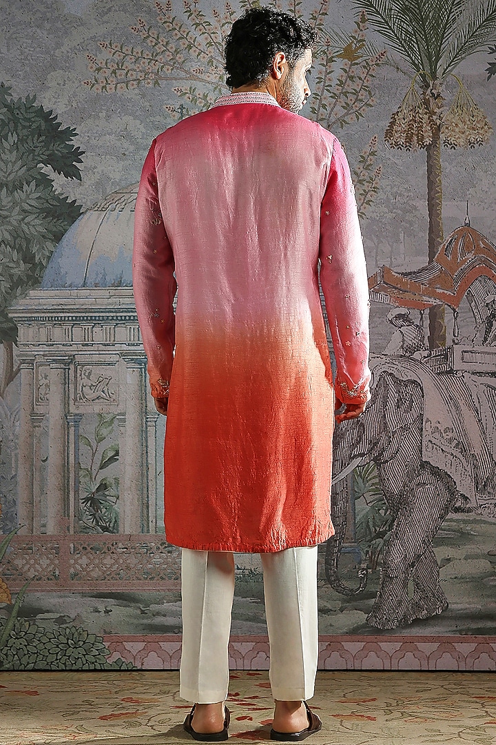 Soft Pink-Coral Ombre Raw Silk Hand Embroidered Kurta Set by ASUKA at Pernia's Pop Up Shop