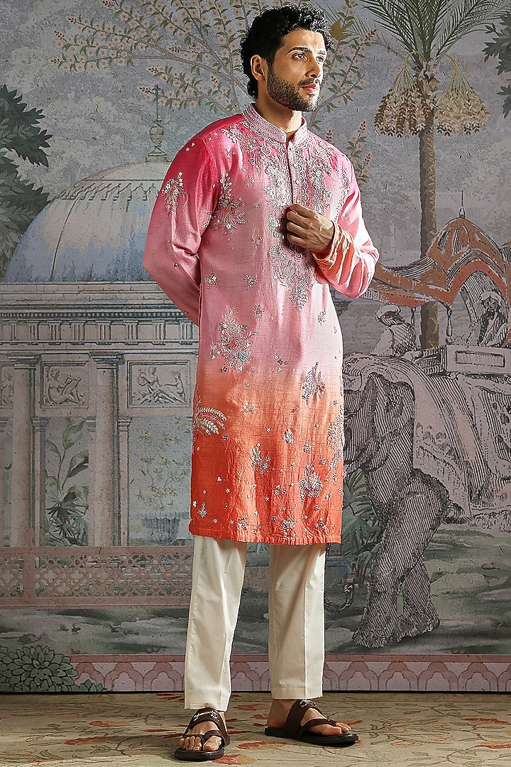 Soft Pink-Coral Ombre Raw Silk Hand Embroidered Kurta Set by ASUKA at Pernia's Pop Up Shop