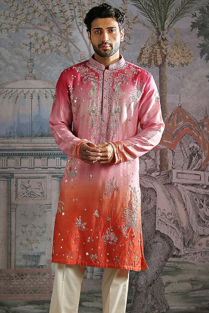 Soft Pink-Coral Ombre Raw Silk Hand Embroidered Kurta Set by ASUKA at Pernia's Pop Up Shop