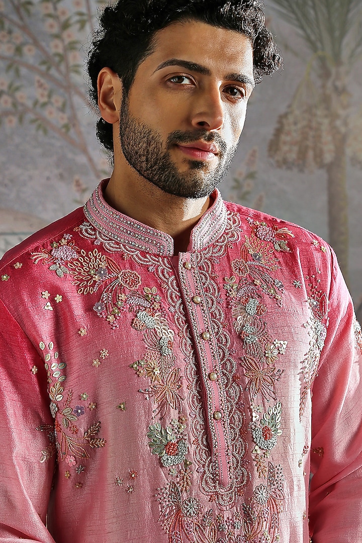Soft Pink-Coral Ombre Raw Silk Hand Embroidered Kurta Set by ASUKA at Pernia's Pop Up Shop