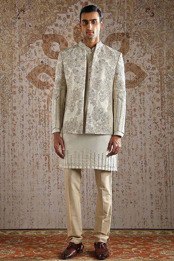 Ivory Raw Silk Embroidered Groom Bandhgala Set by ASUKA at Pernia's Pop Up Shop
