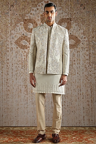 Ivory Raw Silk Embroidered Bandhgala Set by ASUKA