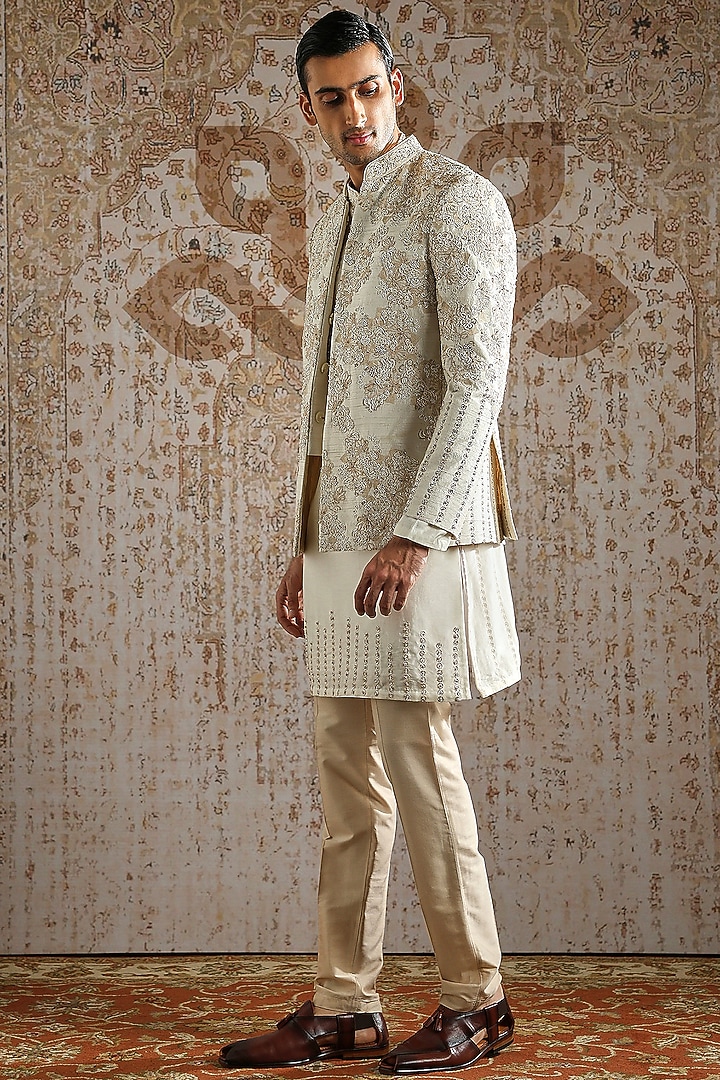 Ivory Raw Silk Embroidered Groom Bandhgala Set by ASUKA at Pernia's Pop Up Shop