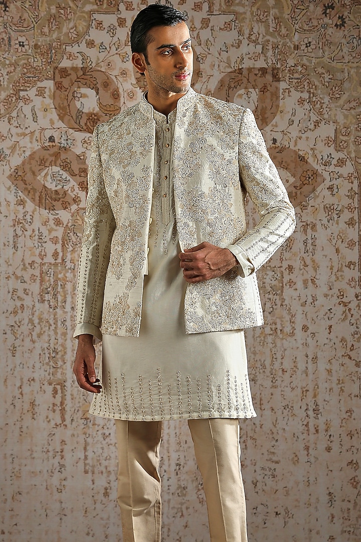Ivory Raw Silk Embroidered Groom Bandhgala Set by ASUKA at Pernia's Pop Up Shop