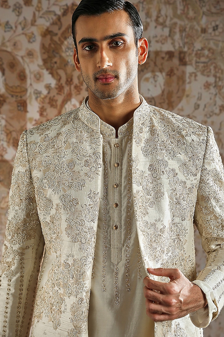 Ivory Raw Silk Embroidered Groom Bandhgala Set by ASUKA at Pernia's Pop Up Shop