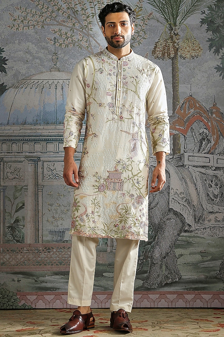 Ivory Chanderi Silk Floral Embroidered Kurta Set by ASUKA at Pernia's Pop Up Shop